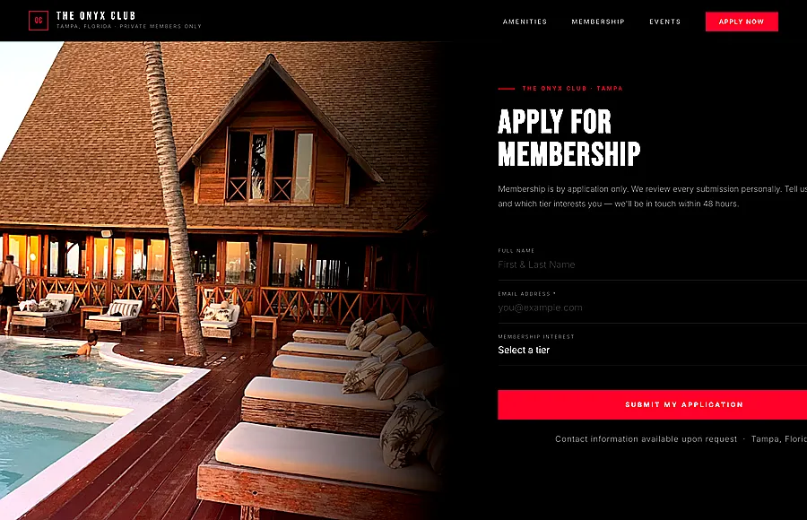 The Onyx Club private members club website — Tampa Florida — designed by Miami App Studio