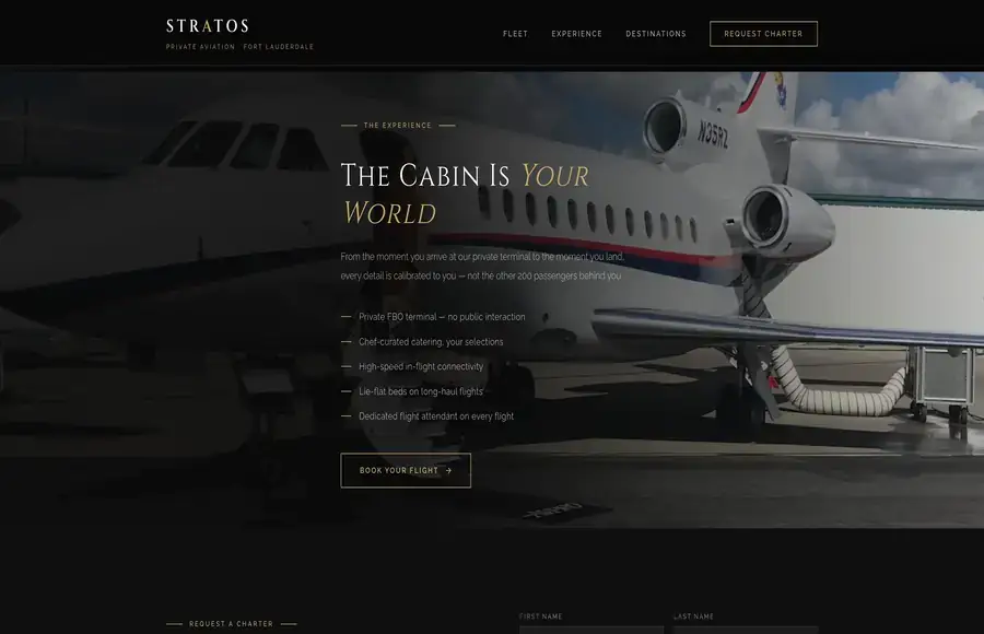 STRATOS Private Aviation luxury jet charter website — Fort Lauderdale Florida — designed by Miami App Studio