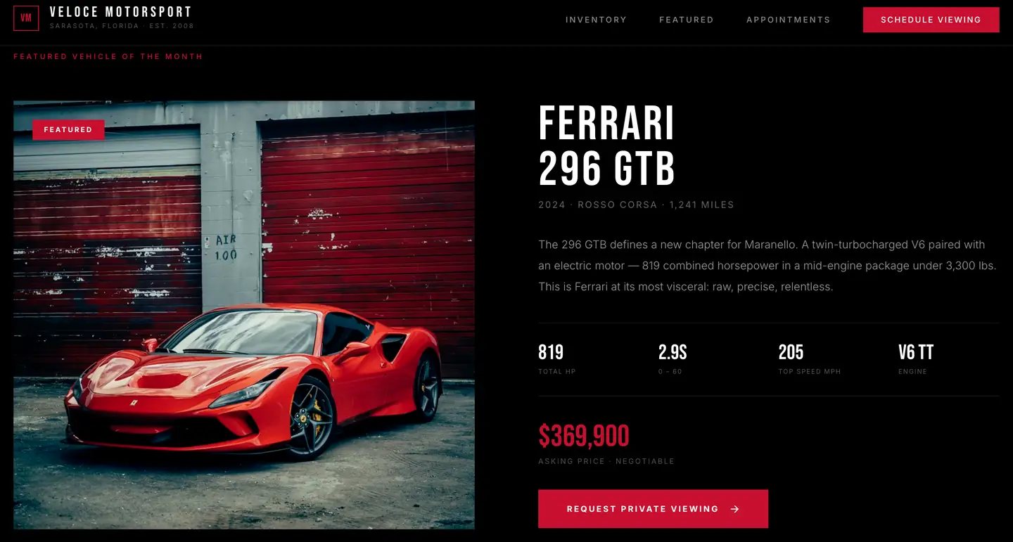 VELOCE MOTORSPORT exotic car dealership website featuring Ferrari 296 GTB — designed by Miami App Studio